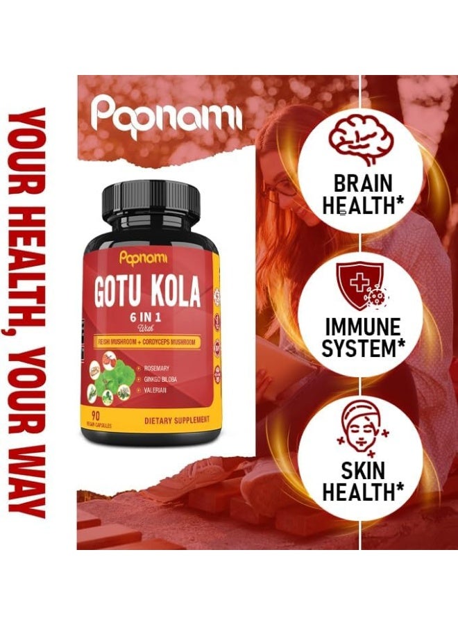 Papnami Organic Gotu Kola Extract Capsules Equivalent to 3200MG & Reishi, Cordyceps, Rosemary, Gingko Biloba, Valerian Powder | Brain Booster for Clarity Memory Focus| Nervous System Support, 3 Months Supply - Image 4